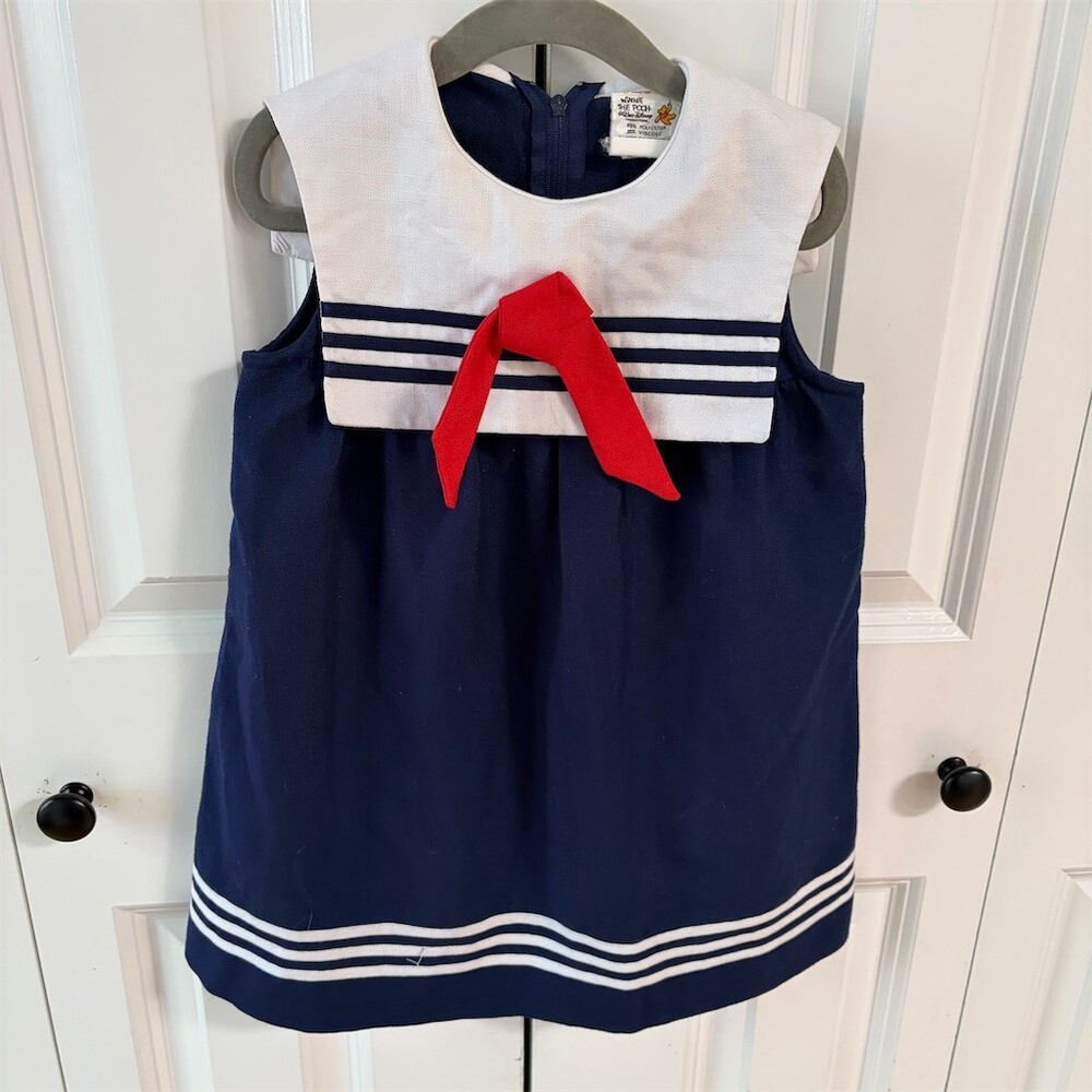 Vintage Disney Winnie the Pooh Dress Girls Size 5 Navy Sailor A-Line Bow